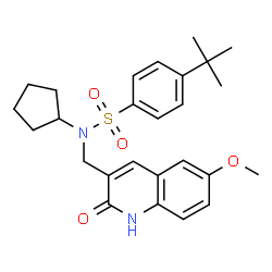 ChemSpider 2D Image | N-Cyclopentyl-N-[(6-methoxy-2-oxo-1,2-dihydro-3-quinolinyl)methyl]-4-(2-methyl-2-propanyl)benzenesulfonamide | C26H32N2O4S