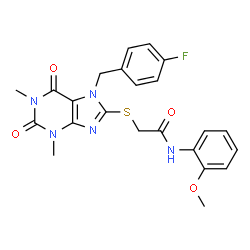ChemSpider 2D Image | 2-{[7-(4-Fluorobenzyl)-1,3-dimethyl-2,6-dioxo-2,3,6,7-tetrahydro-1H-purin-8-yl]sulfanyl}-N-(2-methoxyphenyl)acetamide | C23H22FN5O4S