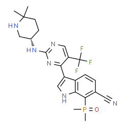 ChemSpider 2D Image | 7-(Dimethylphosphoryl)-3-[2-{[(3S)-6,6-dimethyl-3-piperidinyl]amino}-5-(trifluoromethyl)-4-pyrimidinyl]-1H-indole-6-carbonitrile | C23H26F3N6OP