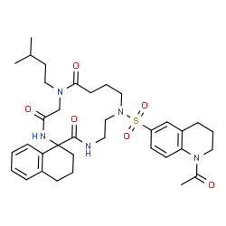 ChemSpider 2D Image | 10'-[(1-Acetyl-1,2,3,4-tetrahydro-6-quinolinyl)sulfonyl]-5'-(3-methylbutyl)-3,4-dihydro-2H,3'H,6'H,14'H-spiro[naphthalene-1,1'-[2,5,10,13]tetraazacyclotetradecane]-3',6',14'-trione | C35H47N5O6S