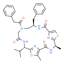 ChemSpider 2D Image | (4R,11R,17S)-11-Benzyl-17-isopropyl-4,20-dimethyl-13-(phenylacetyl)-19-oxa-6-thia-3,10,13,16,21,22-hexaazatricyclo[16.2.1.1~5,8~]docosa-1(20),5(22),7,18(21)-tetraene-2,9,15-trione | C34H38N6O5S
