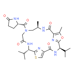 ChemSpider 2D Image | (4R,11R,17S)-4,17-Diisopropyl-7,11-dimethyl-13-{[(2S)-5-oxo-2-pyrrolidinyl]carbonyl}-6-oxa-19-thia-3,10,13,16,21,22-hexaazatricyclo[16.2.1.1~5,8~]docosa-1(20),5(22),7,18(21)-tetraene-2,9,15-trione | C27H37N7O6S
