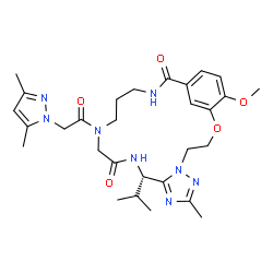 ChemSpider 2D Image | (10S)-14-[(3,5-Dimethyl-1H-pyrazol-1-yl)acetyl]-10-isopropyl-23-methoxy-7-methyl-2-oxa-5,6,8,11,14,18-hexaazatricyclo[18.3.1.0~5,9~]tetracosa-1(24),6,8,20,22-pentaene-12,19-dione | C29H40N8O5