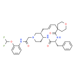 ChemSpider 2D Image | 2-[(3'R,8'E,10a'S,14a'R)-3'-Benzyl-2',5'-dioxo-1',2,2',3,3',4',5,5',6,7',10',10a',11',13',14',14a'-hexadecahydro-12'H-spiro[pyran-4,6'-pyrido[4,3-e][1,4]diazacyclododecin]-12'-yl]-N-[2-(difluoromethox
y)phenyl]acetamide | C33H40F2N4O5