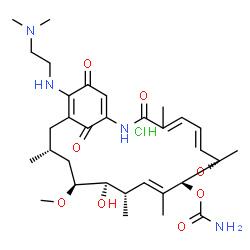 ChemSpider 2D Image | (6E,8S,10E,12S,13R,14S,16R)-19-{[2-(Dimethylamino)ethyl]amino}-13-hydroxy-8,14-dimethoxy-4,10,12,16-tetramethyl-3,20,22-trioxo-2-azabicyclo[16.3.1]docosa-1(21),4,6,10,18-pentaen-9-yl carbamate hydroch
loride (1:1) | C32H49ClN4O8