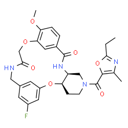 ChemSpider 2D Image | (3R,8S)-6-[(2-Ethyl-4-methyl-1,3-oxazol-5-yl)carbonyl]-23-fluoro-14-methoxy-2,16-dioxa-6,9,19-triazatetracyclo[19.3.1.1~11,15~.0~3,8~]hexacosa-1(25),11(26),12,14,21,23-hexaene-10,18-dione | C29H31FN4O7