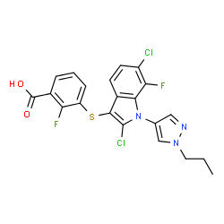 ChemSpider 2D Image | 3-{[2,6-Dichloro-7-fluoro-1-(1-propyl-1H-pyrazol-4-yl)-1H-indol-3-yl]sulfanyl}-2-fluorobenzoic acid | C21H15Cl2F2N3O2S