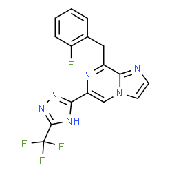 ChemSpider 2D Image | 8-(2-Fluorobenzyl)-6-[5-(trifluoromethyl)-4H-1,2,4-triazol-3-yl]imidazo[1,2-a]pyrazine | C16H10F4N6