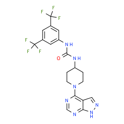ChemSpider 2D Image | 1-[3,5-Bis(trifluoromethyl)phenyl]-3-[1-(1H-pyrazolo[3,4-d]pyrimidin-4-yl)-4-piperidinyl]urea | C19H17F6N7O