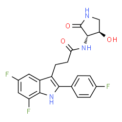 ChemSpider 2D Image | 3-[5,7-Difluoro-2-(4-fluorophenyl)-1H-indol-3-yl]-N-[(3S,4R)-4-hydroxy-2-oxo-3-pyrrolidinyl]propanamide | C21H18F3N3O3