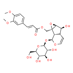 ChemSpider 2D Image | [(1aS,1bS,2S,5aR,6S,6aS)-2-(beta-D-Glucopyranosyloxy)-6-hydroxy-1b,5a,6,6a-tetrahydrooxireno[4,5]cyclopenta[1,2-c]pyran-1a(2H)-yl]methyl (2E)-3-(3,4-dimethoxyphenyl)acrylate | C26H32O13