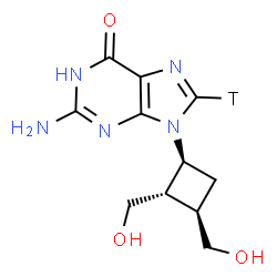 ChemSpider 2D Image | 2-Amino-9-[(1S,2S,3R)-2,3-bis(hydroxymethyl)cyclobutyl](8-~3~H)-1,9-dihydro-6H-purin-6-one | C11H14TN5O3