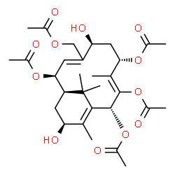 ChemSpider 2D Image | (2R,5S,7S,10S,11R,13S)-8-(Acetoxymethyl)-7,13-dihydroxy-4,14,15,15-tetramethylbicyclo[9.3.1]pentadeca-1(14),3,8-triene-2,3,5,10-tetrayl tetraacetate | C30H42O12