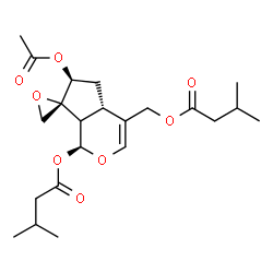 ChemSpider 2D Image | (1S,4aS,6S,7R)-6-Acetoxy-4-{[(3-methylbutanoyl)oxy]methyl}-4a,5,6,7a-tetrahydro-1H-spiro[cyclopenta[c]pyran-7,2'-oxiran]-1-yl 3-methylbutanoate | C22H32O8