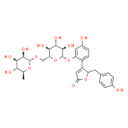 ChemSpider 2D Image | 5-Hydroxy-2-[2-(4-hydroxybenzyl)-5-oxo-2,5-dihydro-3-furanyl]phenyl 6-O-(6-deoxy-alpha-L-mannopyranosyl)-beta-D-glucopyranoside | C29H34O14