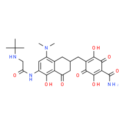 ChemSpider 2D Image | 4-{[8-(Dimethylamino)-5-hydroxy-6-{[N-(2-methyl-2-propanyl)glycyl]amino}-4-oxo-1,2,3,4-tetrahydro-2-naphthalenyl]methyl}-2,5-dihydroxy-3,6-dioxo-1,4-cyclohexadiene-1-carboxamide | C26H32N4O8
