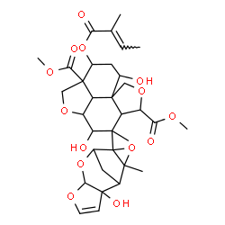 ChemSpider 2D Image | Dimethyl 3,8-dihydroxy-4-(2-hydroxy-11-methyl-5,7,10-trioxatetracyclo[6.3.1.0~2,6~.0~9,11~]dodec-3-en-9-yl)-4-methyl-10-{[(2E)-2-methyl-2-butenoyl]oxy}octahydro-1H-furo[3',4':4,4a]naphtho[1,8-bc]furan
-5,10a(8H)-dicarboxylate | C33H42O14