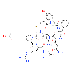 ChemSpider 2D Image | 1-{[(4R,7S,10S,13S,16S)-7-(2-Amino-2-oxoethyl)-10-(3-amino-3-oxopropyl)-13-benzyl-16-(4-hydroxybenzyl)-6,9,12,15,18-pentaoxo-1,2-dithia-5,8,11,14,17-pentaazacycloicosan-4-yl]carbonyl}-D-prolyl-D-argin
ylglycinamide acetate (1:1) | C48H68N14O14S2