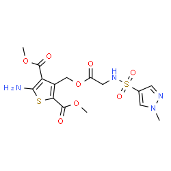 ChemSpider 2D Image | Dimethyl 5-amino-3-[({N-[(1-methyl-1H-pyrazol-4-yl)sulfonyl]glycyl}oxy)methyl]-2,4-thiophenedicarboxylate | C15H18N4O8S2