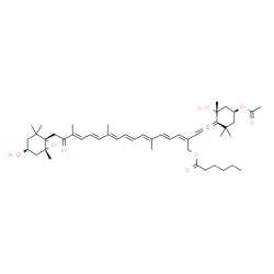 ChemSpider 2D Image | (3S,3'S,5R,5'R,6'S)-3-Acetoxy-3',5-dihydroxy-8'-oxo-6,7-didehydro-5,5',6,6',7',8'-hexahydro-5',6'-epoxy-beta,beta-caroten-19-yl hexanoate | C48H68O8