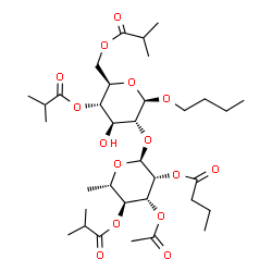 ChemSpider 2D Image | Butyl 2-O-(3-O-acetyl-2-O-butyryl-6-deoxy-4-O-isobutyryl-alpha-L-mannopyranosyl)-4,6-di-O-isobutyryl-beta-D-glucopyranoside | C34H56O15