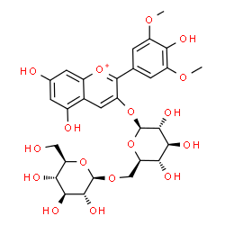 ChemSpider 2D Image | 5,7-Dihydroxy-2-(4-hydroxy-3,5-dimethoxyphenyl)-3-chromeniumyl 6-O-beta-D-glucopyranosyl-beta-D-glucopyranoside | C29H35O17