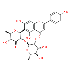 ChemSpider 2D Image | (1S)-1,5-Anhydro-6-deoxy-2-O-(6-deoxy-alpha-L-mannopyranosyl)-1-[5,7-dihydroxy-2-(4-hydroxyphenyl)-4-oxo-4H-chromen-6-yl]-D-ribo-hex-3-ulose | C27H28O13