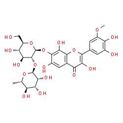 ChemSpider 2D Image | 2-(3,4-Dihydroxy-5-methoxyphenyl)-3,6,8-trihydroxy-4-oxo-4H-chromen-7-yl 2-O-(6-deoxy-alpha-L-mannopyranosyl)-beta-D-glucopyranoside | C28H32O18