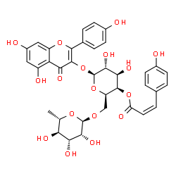 ChemSpider 2D Image | 5,7-Dihydroxy-2-(4-hydroxyphenyl)-4-oxo-4H-chromen-3-yl 6-O-(6-deoxy-alpha-L-mannopyranosyl)-4-O-[(2Z)-3-(4-hydroxyphenyl)-2-propenoyl]-beta-D-galactopyranoside | C36H36O17