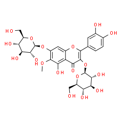 ChemSpider 2D Image | 2-(3,4-Dihydroxyphenyl)-3-(beta-D-glucopyranosyloxy)-5-hydroxy-6-methoxy-4-oxo-4H-chromen-7-yl beta-D-glucopyranoside | C28H32O18