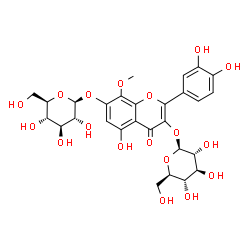 ChemSpider 2D Image | 2-(3,4-Dihydroxyphenyl)-3-(beta-D-glucopyranosyloxy)-5-hydroxy-8-methoxy-4-oxo-4H-chromen-7-yl beta-D-glucopyranoside | C28H32O18