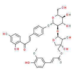 ChemSpider 2D Image | 4-[(1E)-3-(2,4-Dihydroxyphenyl)-3-oxo-1-propen-1-yl]phenyl 2-O-[(2S,3R,4S)-3,4-dihydroxy-4-({[(2E)-3-(4-hydroxy-3-methoxyphenyl)-2-propenoyl]oxy}methyl)tetrahydro-2-furanyl]-beta-D-glucopyranoside | C36H38O16