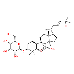 ChemSpider 2D Image | (1R,4S,5S,8R,9R,12S,13S,16S,19R)-19-Hydroxy-8-[(2R,4E)-6-hydroxy-6-methyl-4-hepten-2-yl]-5,9,17,17-tetramethyl-18-oxapentacyclo[10.5.2.0~1,13~.0~4,12~.0~5,9~]nonadec-2-en-16-yl beta-D-allopyranoside | C36H58O9