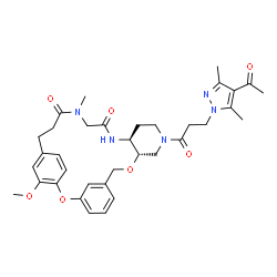 ChemSpider 2D Image | (10S,15S)-12-[3-(4-Acetyl-3,5-dimethyl-1H-pyrazol-1-yl)propanoyl]-25-methoxy-19-methyl-2,9-dioxa-12,16,19-triazatetracyclo[21.2.2.1~3,7~.0~10,15~]octacosa-1(25),3(28),4,6,23,26-hexaene-17,20-dione | C35H43N5O7