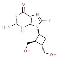 ChemSpider 2D Image | 2-Amino-9-[(1R,2R,3S)-2,3-bis(hydroxymethyl)cyclobutyl](8-~3~H)-3,9-dihydro-6H-purin-6-one | C11H14TN5O3