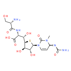 ChemSpider 2D Image | L-Seryl-(3S)-3-{(2R,3R,4R,5R)-5-[(4E)-4-(carbamoylimino)-3-methyl-2-oxo-3,4-dihydro-1(2H)-pyrimidinyl]-3,4-dihydroxytetrahydro-2-thiophenyl}-D-serine | C16H24N6O9S