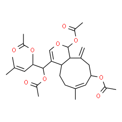 ChemSpider 2D Image | (7Z)-4-(1,2-Diacetoxy-4-methyl-3-penten-1-yl)-7-methyl-11-methylene-1,4a,5,6,9,10,11,11a-octahydrocyclonona[c]pyran-1,9-diyl diacetate | C28H38O9