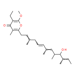 ChemSpider 2D Image | 3-Ethyl-6-[(2E,5E,7E,11E)-10-hydroxy-3,7,9,11-tetramethyl-2,5,7,11-tridecatetraen-1-yl]-2-methoxy-5-methyl-4H-pyran-4-one | C26H38O4