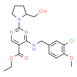 ChemSpider 2D Image | Ethyl 4-[(3-chloro-4-methoxybenzyl)amino]-2-[2-(hydroxymethyl)-1-pyrrolidinyl]-5-pyrimidinecarboxylate | C20H25ClN4O4