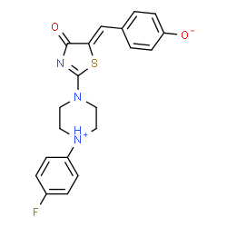 ChemSpider 2D Image | 4-[(Z)-{2-[4-(4-Fluorophenyl)piperazin-4-ium-1-yl]-4-oxo-1,3-thiazol-5(4H)-ylidene}methyl]phenolate | C20H18FN3O2S