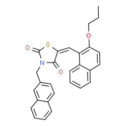ChemSpider 2D Image | (5E)-3-(2-Naphthylmethyl)-5-[(2-propoxy-1-naphthyl)methylene]-1,3-thiazolidine-2,4-dione | C28H23NO3S
