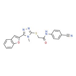 ChemSpider 2D Image | 2-{[5-(1-Benzofuran-2-yl)-4-methyl-4H-1,2,4-triazol-3-yl]sulfanyl}-N-(4-cyanophenyl)acetamide | C20H15N5O2S