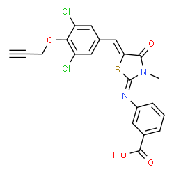 ChemSpider 2D Image | 3-[(E)-{(5Z)-5-[3,5-Dichloro-4-(2-propyn-1-yloxy)benzylidene]-3-methyl-4-oxo-1,3-thiazolidin-2-ylidene}amino]benzoic acid | C21H14Cl2N2O4S