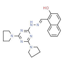 ChemSpider 2D Image | 1-[(E)-{[4,6-Di(1-pyrrolidinyl)-1,3,5-triazin-2-yl]hydrazono}methyl]-2-naphthol | C22H25N7O