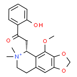 ChemSpider 2D Image | (5R)-5-[2-(2-Hydroxyphenyl)-2-oxoethyl]-4-methoxy-6,6-dimethyl-5,6,7,8-tetrahydro[1,3]dioxolo[4,5-g]isoquinolin-6-ium | C21H24NO5