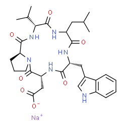 ChemSpider 2D Image | Sodium [(3R,9R,12R,17aS)-9-(1H-indol-3-ylmethyl)-6-isobutyl-3-isopropyl-1,4,7,10,13-pentaoxohexadecahydro-1H-pyrrolo[1,2-a][1,4,7,10,13]pentaazacyclopentadecin-12-yl]acetate | C31H41N6NaO7