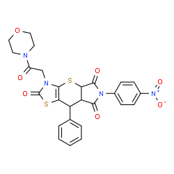 ChemSpider 2D Image | 3-[2-(4-Morpholinyl)-2-oxoethyl]-6-(4-nitrophenyl)-8-phenyl-3,4a,7a,8-tetrahydropyrrolo[3',4':5,6]thiopyrano[2,3-d][1,3]thiazole-2,5,7(6H)-trione | C26H22N4O7S2