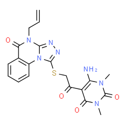 ChemSpider 2D Image | 5-{[(4-Allyl-5-oxo-4,5-dihydro[1,2,4]triazolo[4,3-a]quinazolin-1-yl)sulfanyl]acetyl}-6-amino-1,3-dimethyl-2,4(1H,3H)-pyrimidinedione | C20H19N7O4S