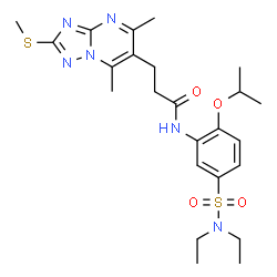 ChemSpider 2D Image | N-[5-(Diethylsulfamoyl)-2-isopropoxyphenyl]-3-[5,7-dimethyl-2-(methylsulfanyl)[1,2,4]triazolo[1,5-a]pyrimidin-6-yl]propanamide | C24H34N6O4S2