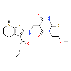 ChemSpider 2D Image | Ethyl 2-({(Z)-[1-(2-methoxyethyl)-4,6-dioxo-2-thioxotetrahydro-5(2H)-pyrimidinylidene]methyl}amino)-5,6-dihydro-4H-thieno[2,3-b]thiopyran-3-carboxylate 7-oxide | C18H21N3O6S3